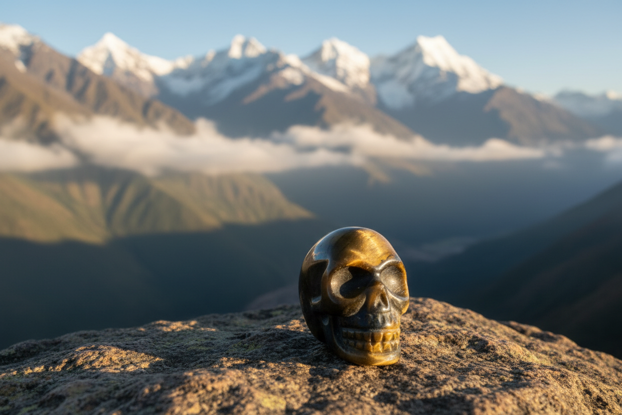 Bronze skull-shaped object on a textured surface