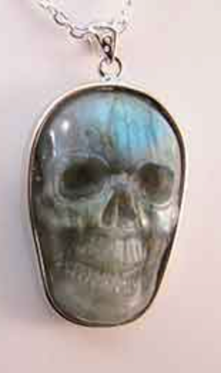 DI-L-B : Blue-Green Flash Labradorite Crystal Skull Pendant