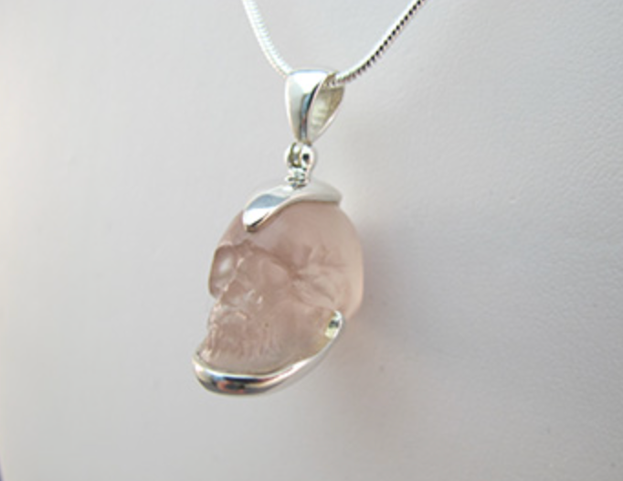 J-SS-MG-11 : Sterling Silver 55 Carat Gem Morganite  Crystal Skull Pendant