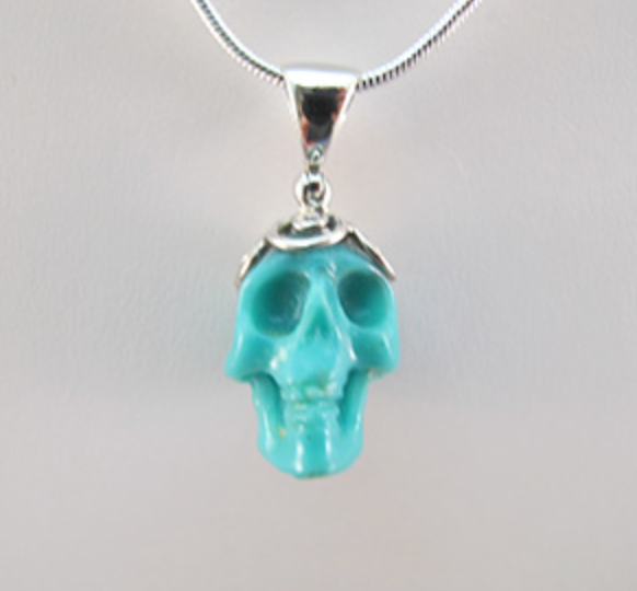 J-SS-T-7.6-s : Scrolled Sterling Silver Turquoise Crystal Skull Pendant