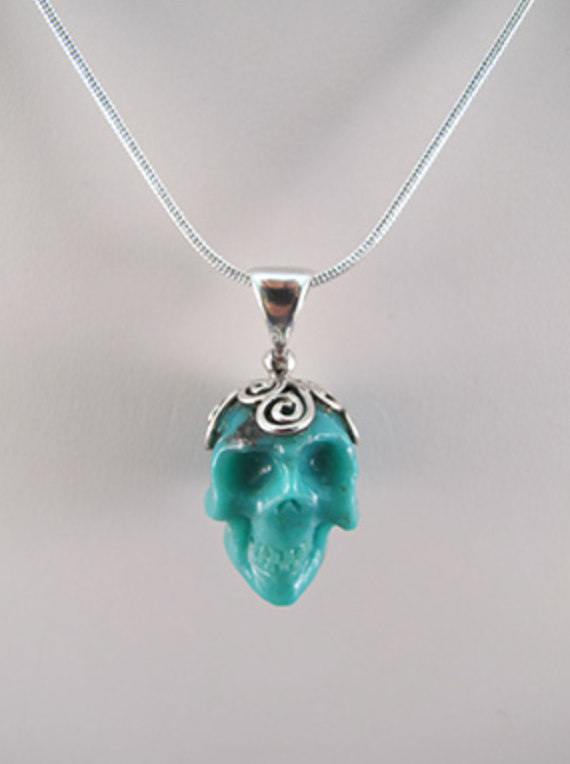 J-SS-T-9.6-s : Scrolled Sterling Silver Turquoise Crystal Skull Pendant