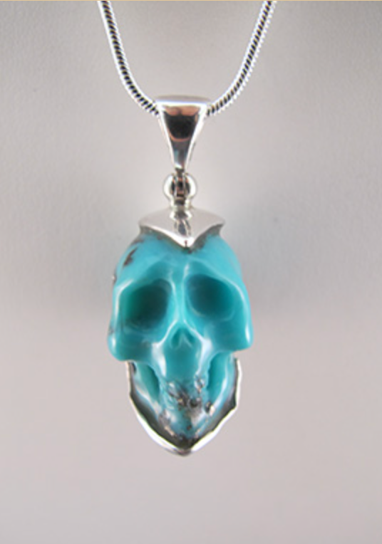 J-SS-T-16 : Sterling Silver Campitos Turquoise Crystal Skull Pendant