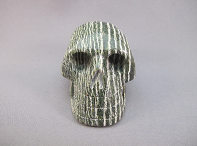 GZJ-S-135-v : Vertical Green Zebra Jasper Crystal Skull