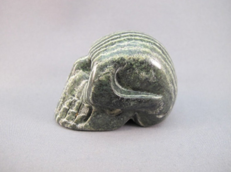 GZJ-S-135-v : Vertical Green Zebra Jasper Crystal Skull