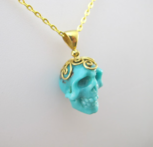 J-GPL-T-11.3-s : 18K Gold Vermeil over Sterling Silver Turquoise Crystal Skull Pendant