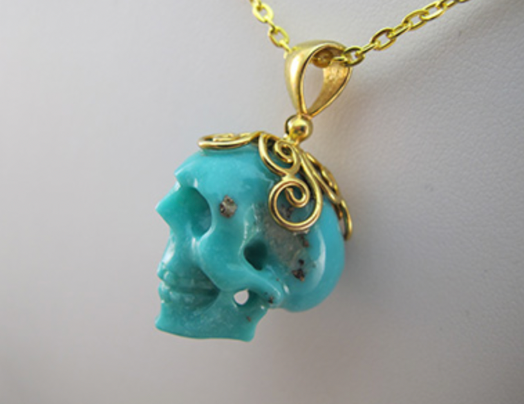 J-GPL-T-12.6-s : 18K Gold Vermeil over Sterling Silver Turquoise Crystal Skull Pendant