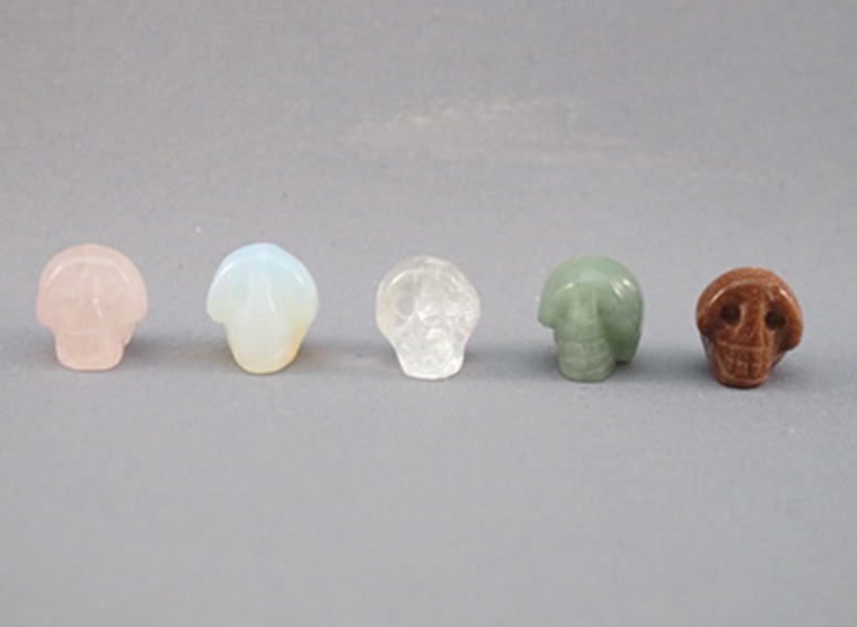 Q-RQ-OP-AV-GS-B-4-TS : TRINITY SHASTA Rose Quartz, Opalite,  Quartz, Aventurine, Goldstone 5 Crystal Skull Bead Set