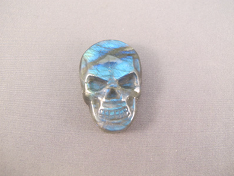 FMS-L-S-m-pb-t : Sedona Doorway Medium-Sized Peacock Blue Labradorite Flat Crystal Skull