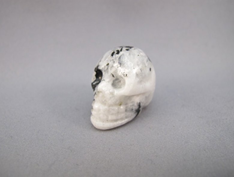 MS-S-15-B : Adoption Rainbow Moonstone Crystal Skull (with Black Tourmaline)