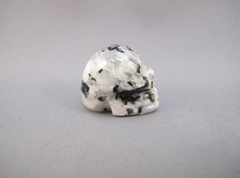 MS-S-15-B : Adoption Rainbow Moonstone Crystal Skull (with Black Tourmaline)