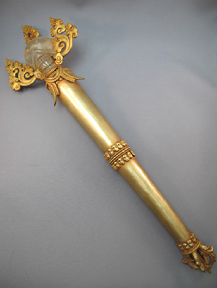 T-W-550 : Fire Gold Himalayan Crystal Skull Scepter Wand