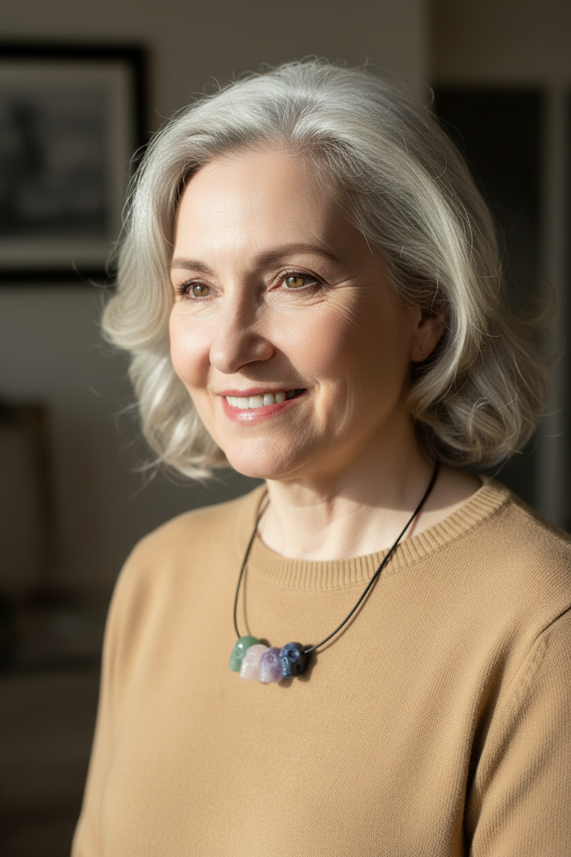 Person wearing a patterned sweater with a necklace featuring colorful beads.